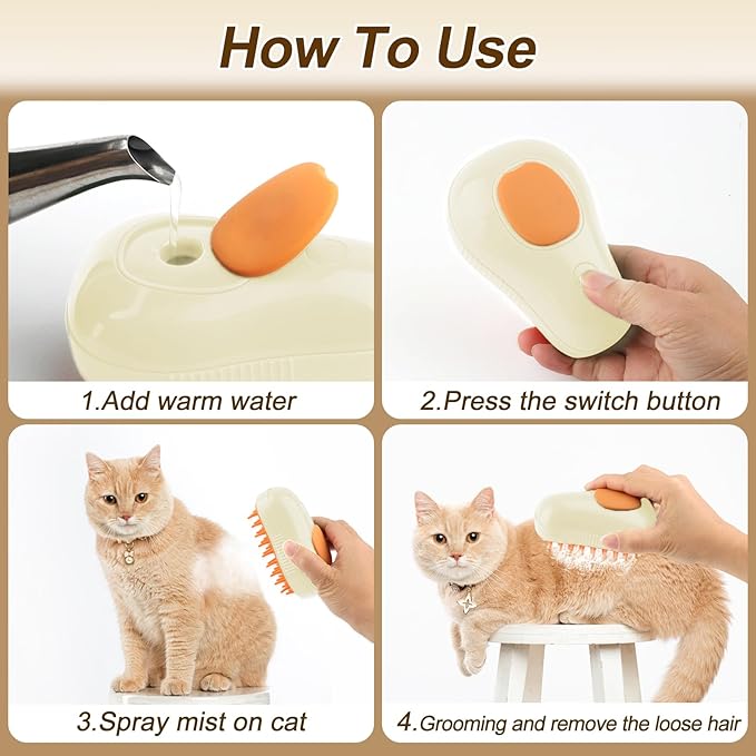 Cat Steam Brush, 3 in 1 Cat Steamy Brush, Silicone Massage Grooming Comb, Pet Hair Cleaning Misting Comb for Kittens(Avocado White)