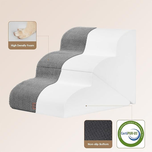 EHEYCIGA Curved Foldable Dog Stairs Ramp for Small Dogs 16" H, 3-Step Dog Steps for Couch Sofa and Chair, Pet Stairs for Cats, Non-Slip Balanced Pet Steps Indoor, Grey