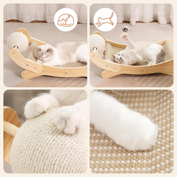 Cat Scratcher Bed, Natural Sisal Cat Scratch Chair Hammock, 27.5 Inch Extra Large Scratching Post Lounger Pad with Large Sisal Toy Ball for Indoor Cats