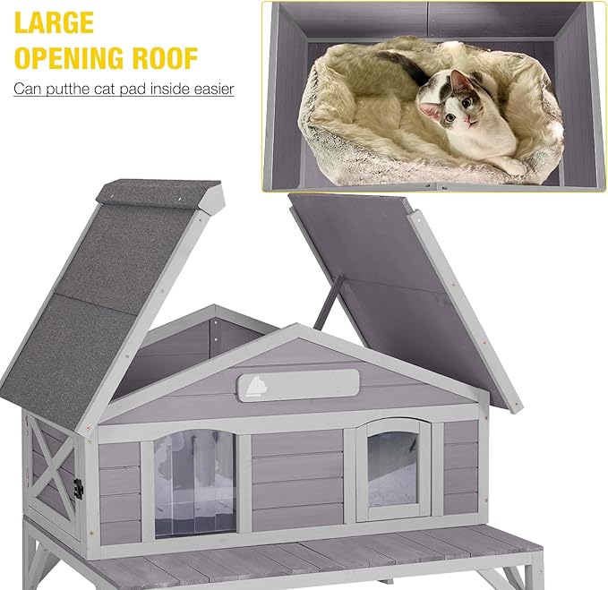 Aivituvin Outdoor Cat House, Large Weatherproof Roof, 100% Wooden, Outside Feral Cat Shelter for Winter