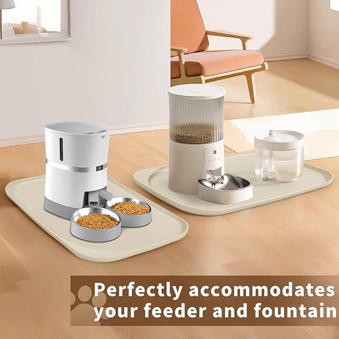 Silicone Pet Feeding Mat with Raised Edge & Residue Collection Pocket for Food and Water, Dog Bowl Mats, Cat Bowls Placemat with High Lip for Floor Waterproof, 19 x 12 x 0.7 White Sand