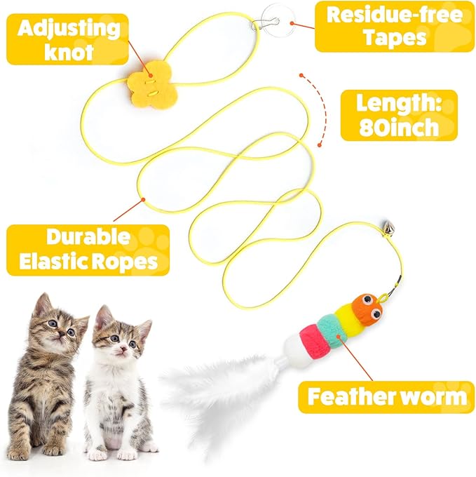 Cat Wand Toys, Adjustable Toys with Silvervine Sticks, Interactive Cat Feather Wand Toy for Indoor Cats, Elastic String Pole Toy with Bell & Feather (Extension Suspension)