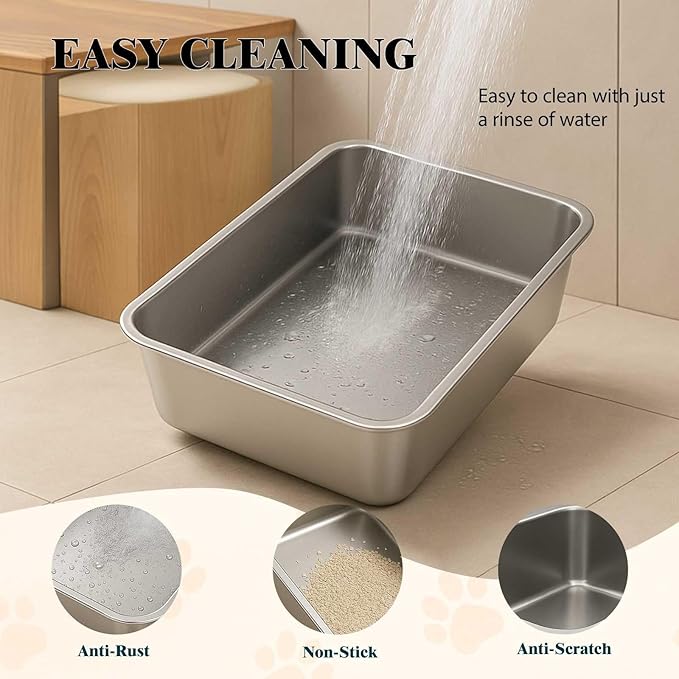 FELIO Stainless Steel Cat Litter Box - Large Metal High Side Litter Box, 23.4" L×15.5" W×5.9" H, Splash-Proof and Non-Stick Cat Poop Box odorless, Easy to Clean for Big Cats, Rabbit, Dog, Ferret