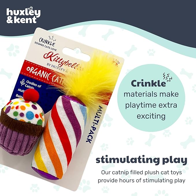 Huxley & Kent Plush Cat Toy - Interactive Catnip Toy for Cats & Kittens - Soft with Crinkle & Catnip - Fun Indoor Play - Mewow Cupcake & Candle, 2pk