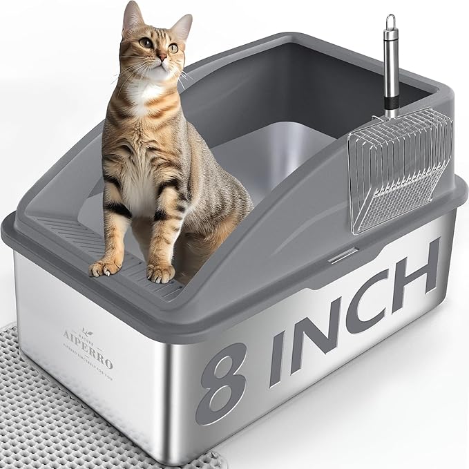 Stainless Steel Litter Box | XL Enclosed Cat Litter Boxes with Lid for Big Cats | High Sided, Anti-Urine Leakage | Non-Stick Bottom & Includes Litter Mat & Metal Scoop (Dark Gray, XX-Large)