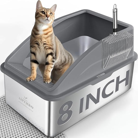 Stainless Steel Litter Box | XL Enclosed Cat Litter Boxes with Lid for Big Cats | High Sided, Anti-Urine Leakage | Non-Stick Bottom & Includes Litter Mat & Metal Scoop (Dark Gray, XX-Large)