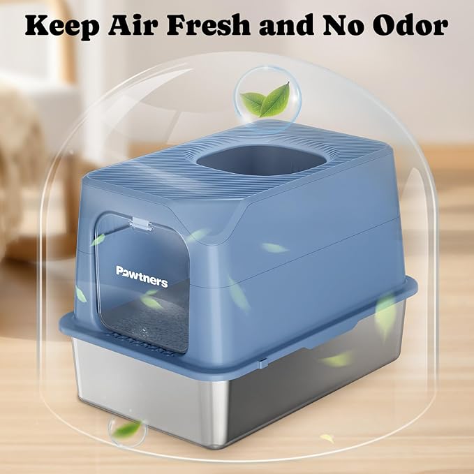 Pawtners Cat Litter Box, XL Extra Large Stainless Steel Kitty Litter Pan, Front Entry Top Exit Enclosed Metal Cat Toilet for Odor Control with Removable Lid & Scoop, Anti-Leakage, Easy to Clean, Blue