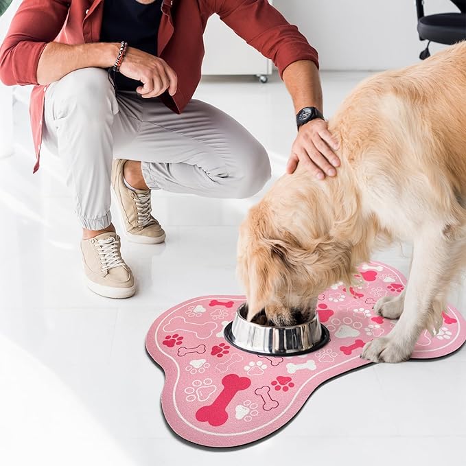 Dog & Cat Food Mat Bone Shaped Pet Feeding Mat Quick Absorb Water Bowl Placemat with Rubber Backing Indoor Floor Stain Resistant Pet Accessory Supplies (Light Pink Small, 12x18 Inches)