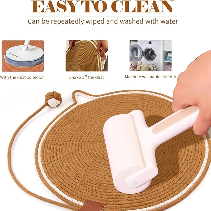 2-Pack Cat Scratching Mats, Natural Cotton Rope Scratch Pad with Ear Shape Hanging Hook and Play Ball, Furniture Protector for Wall, Floor, Sofa, Couch, Carpet, Brown