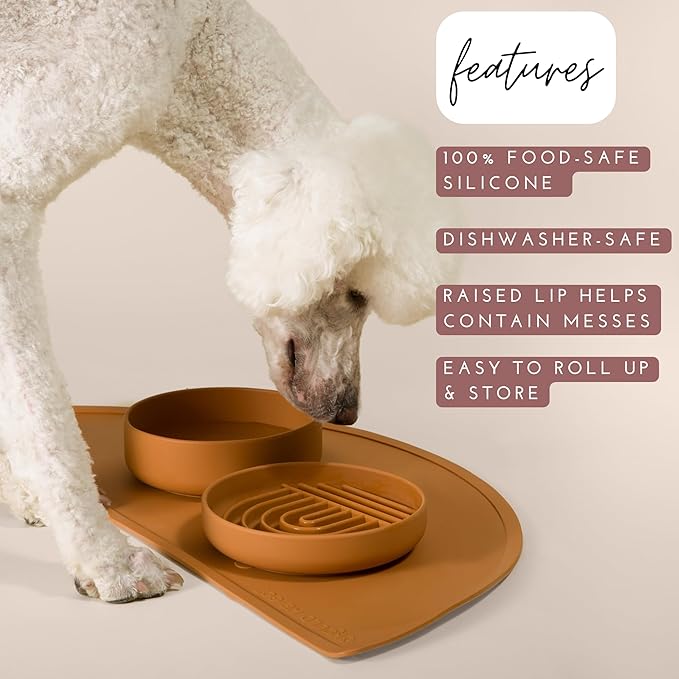 Waterproof Silicone Pet Food Mat - Non-Slip Spill-Proof Feeding Mats for Floors, Raised Edge Design Easy-to-Clean Rubber Mat for Dog & Cat Bowls, 28" Across x 14" Deep, Large-Terracotta