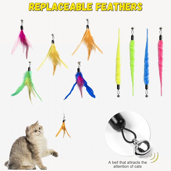 12-Pack Cat Wand Toys with Silvervine Sticks & Feather Refills – Interactive Adjustable Fishing Pole Toy for Indoor Cats, Bell & Elastic String – Durable Kitten Toys