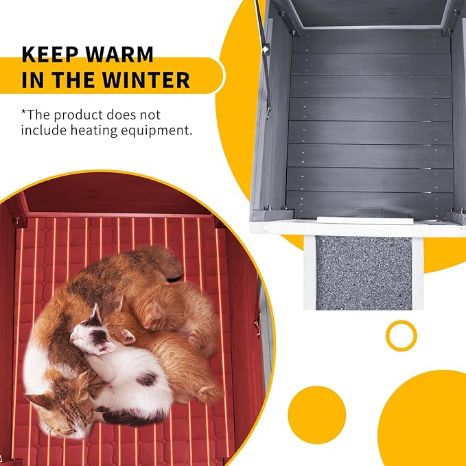 GEGURI Outdoor Cat House, Weatherproof Shelter for Ferrel Cats, Dogs, Rabbits Hutch with Elevated Floor, Asphalt Roof