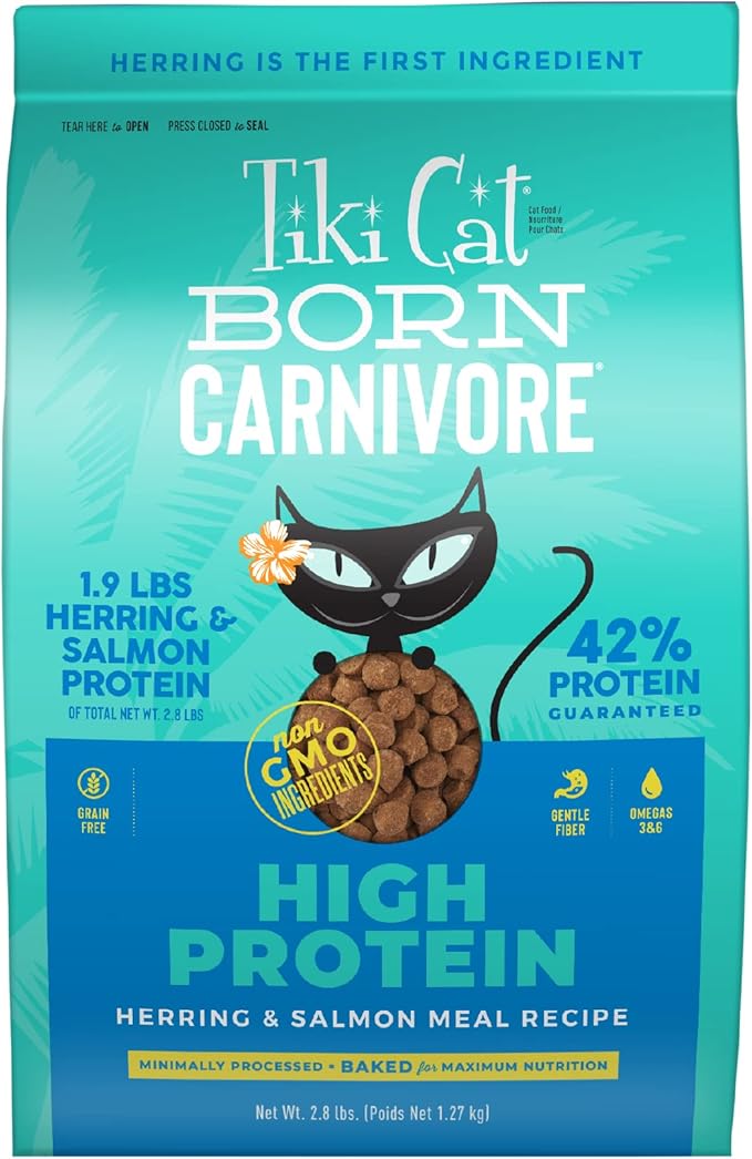 Tiki Cat Born Carnivore High Protein Dry Cat Food, Herring & Salmon Meal, 2.8 lbs. Bag