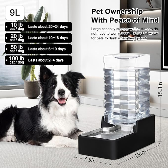 RIZZARI Stainless Steel Pet Water Feeder: 9L Automatic Leak-Proof Gravity Dispenser for Cats Dogs Indoor Outdoor Use（Black Without Filter,9L）
