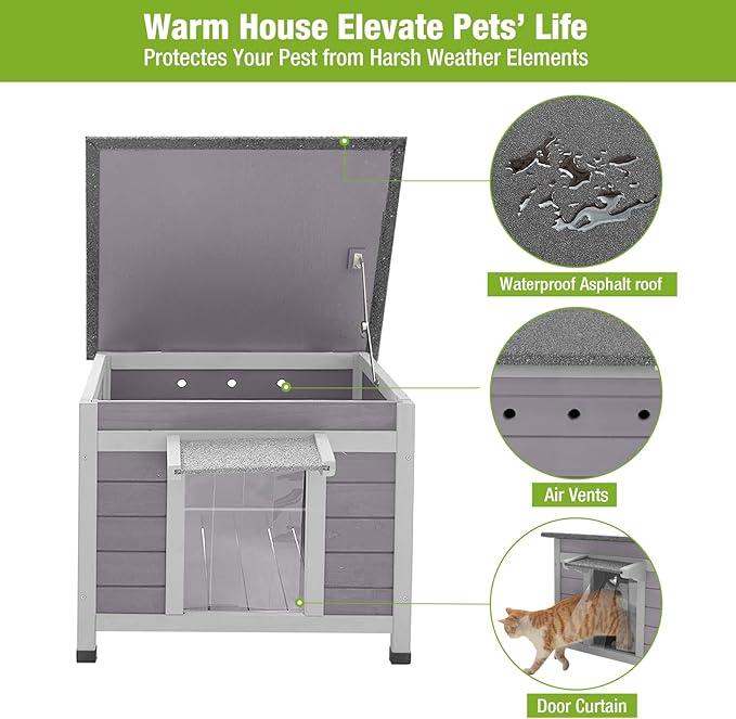 Outdoor Feral Cat House Weatherproof, Small Wooden Rabbit Hutch Bunny Cage Indoor-PVC Door Flaps