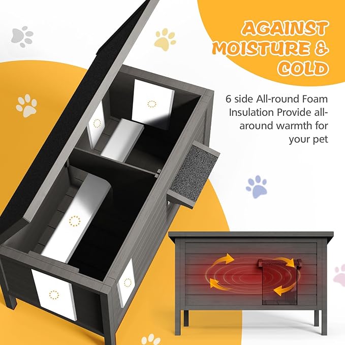 Outdoor Cat House for Winter Waterproof Feral Cat House, All-Round Foam Insulated and Thermostatic Large Outdoor Cat Shelter, Solid Wood Cat Condos for Multiple Cats 34.4 "L * 21.7" W * 27.2"H