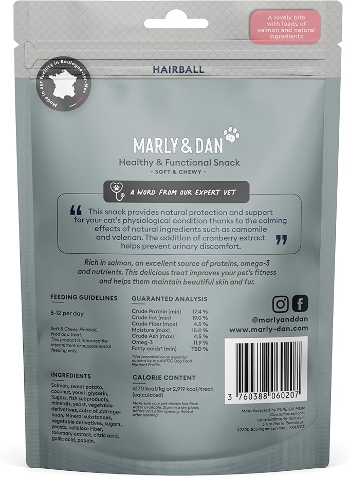 Marly & Dan Salmon Treats for Cats with Brewers Yeast & Coconut, Hairball Recipe, 3-oz Bag