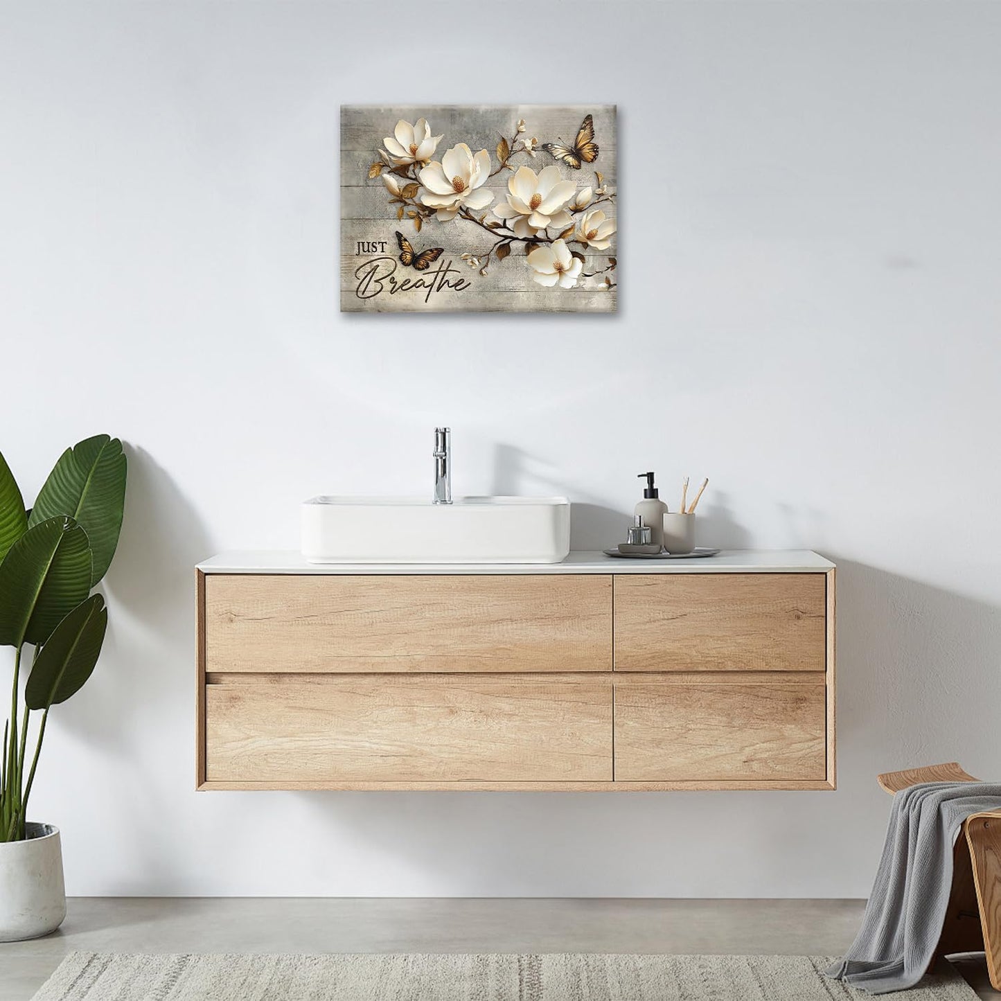 Floral Magnolia Bathroom Pictures Wall Art, Just Breathe Bathroom Wall Decor, Flower Butterfly Framed Painting Canvas Artwork for Bedroom Living Room Decorations 16"L x 12"W