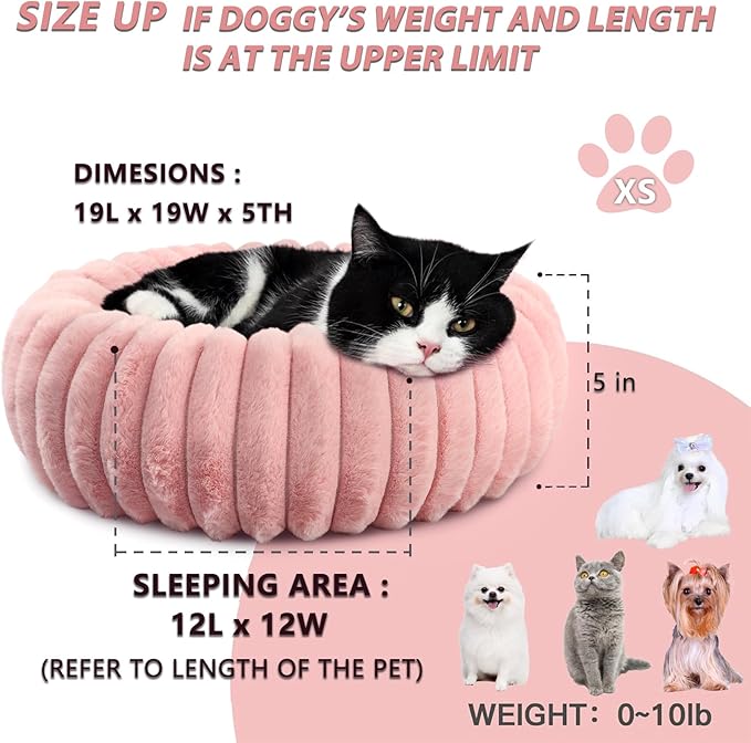 Cute Cat Beds for Indoor Cats - Cuddler Dog Beds for Small Dogs Washable with Anti Slip Bottom,Soft Cozy Comfort Donut Cushion for Puppy and Kitten,Blush Pink,19x19x5 inches