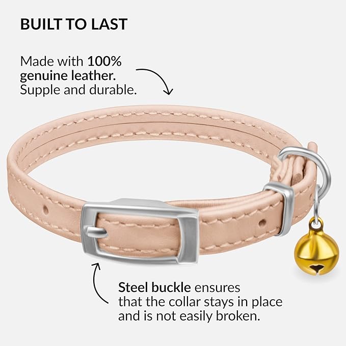 CollarDirect Leather Cat Collar with Bell - Kitten Small and Big Cat Collar for Boy Cats, Girl Cats with Safety Elastic Strap (Neck Fit 6"-7", Beige)