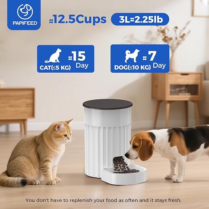 PAPIFEED Automatic Cat Feeder 3L, 2.4G WiFi Auto Pet Food Dispenser for Cats and Small Dogs, Timed Cat Feeder Programmable Portion Size with APP Control & Alexa 1-10 Meals Per Day (White)