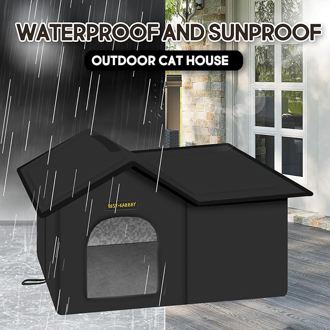 Rest-Eazzzy Cat House for Outdoor Cats, Weatherproof and Insulated Feral Cat House with Mat and Clip, Easy to Put Together, Selfwarming Cat Shelter for Winter (Black, Waterproof House-L)