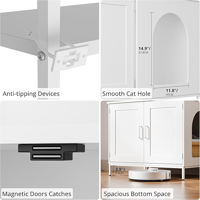 Cozy Castle Litter Box Enclosure, 57'' Cat Litter Box Furniture with Large Cabinet, Shelves and 4 S-Hooks, Hidden Cat House for Most of Litter Boxes, Wooden Pet Washroom Indoor, White