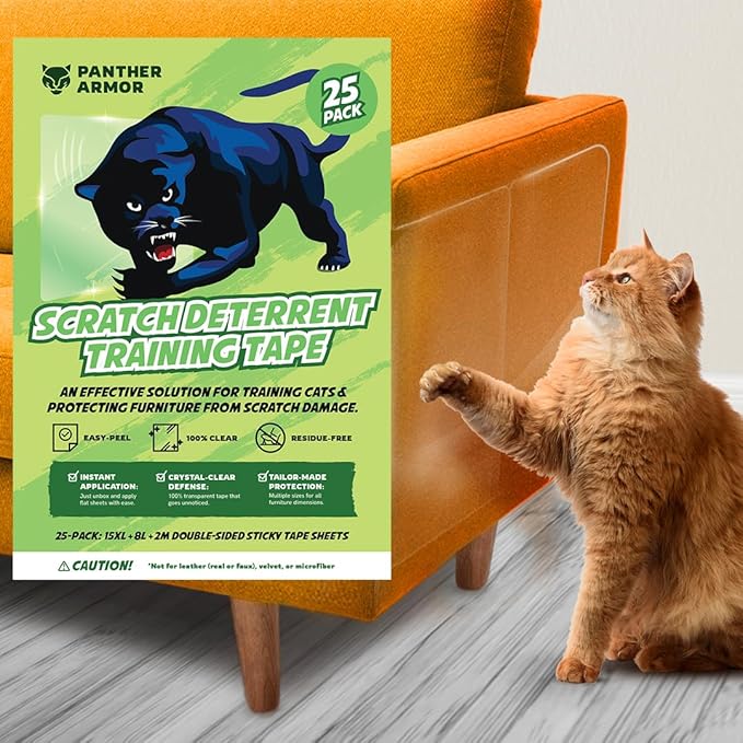 Panther Armor Cat Furniture Protector, Mega Pack 25-Sheets, Cat Scratch Furniture Protectors, No Pins, Durable, Transparent Training Tapes