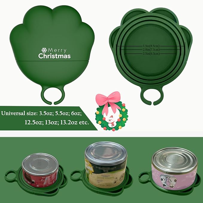 Christmas Pet Set - 3 Cat Food Can Lids & 1 BPA-Free Opener | Cute Paw Shape Can Covers and Opener Spatula Spoon for Wet Food | Silicone Spoon & Covers for Dog Cat - Paw Green