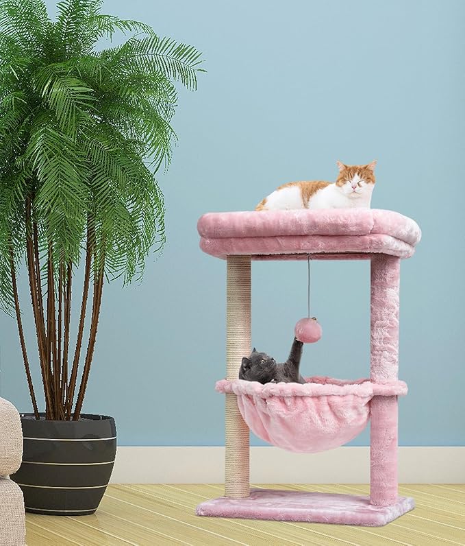 SYANDLVY Small Cat Tree for Indoor Cats, Activity Cat Tower with Scratching Post for Kittens, Modern Cat Furniture with Basket & Hanging Ball for Play Rest, Pink