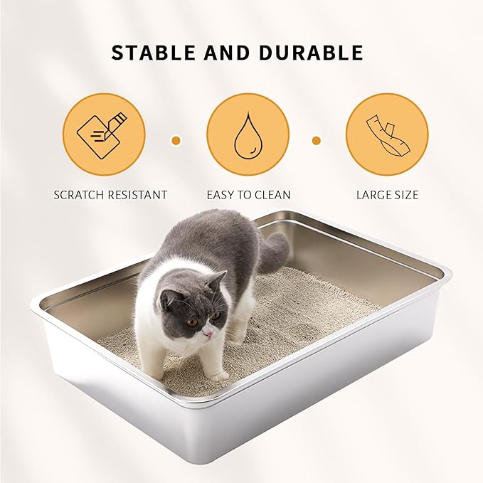 Yangbaga Extra Large Stainless Steel Litter Box, 28’’ x 20’’ x 6’’ Ultimate Metal Cat Litter Box with High Sides, Sturdy Long-Lasting Litter Pan with Anti-Slip Rubber Feet