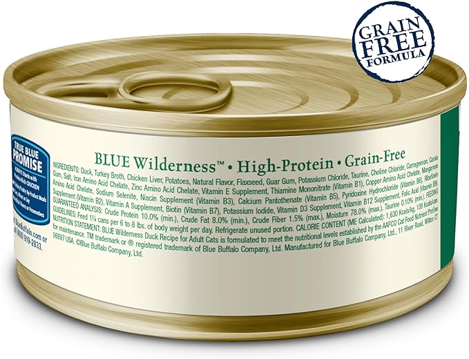 Blue Buffalo Wilderness Natural High-Protein Grain-Free Wet Food for Adult Cats, Duck Paté, 3-oz. Cans, 24 Count