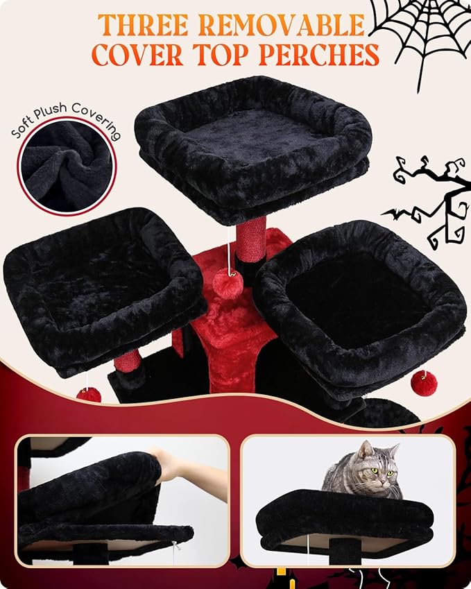 Globlazer Gothic Cat Tree, 80inch Goth Cat Tower for Indoor Cats Multiple Adult Cats XXL Cat Tree Large Cat Tower with Scratching Post, Hammock, 3 Perches, 2 Condos, 2 Hanging Basket, F80, Black Red
