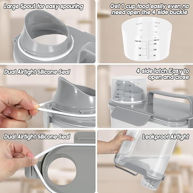 5-7Lbs Dog Cat Food Storage Container with Upgraded Large Nozzle BPA-free, 4 Snap Seals Plastic Pet Food Storage Containers with Handles (1, Light Gray, 5L)
