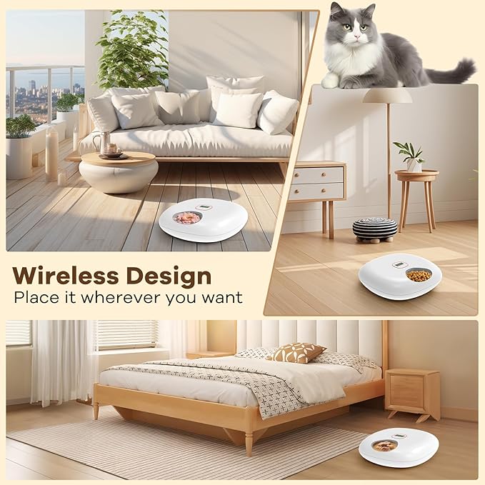 Automatic Cat Feeder Wireless, Sharper Image Auto Cat Food Dispenser for Wet Food with 2 Ice Packs, Rechargeable Auto Feeder for Cats with Programmable Timer Low Battery Indicator, White