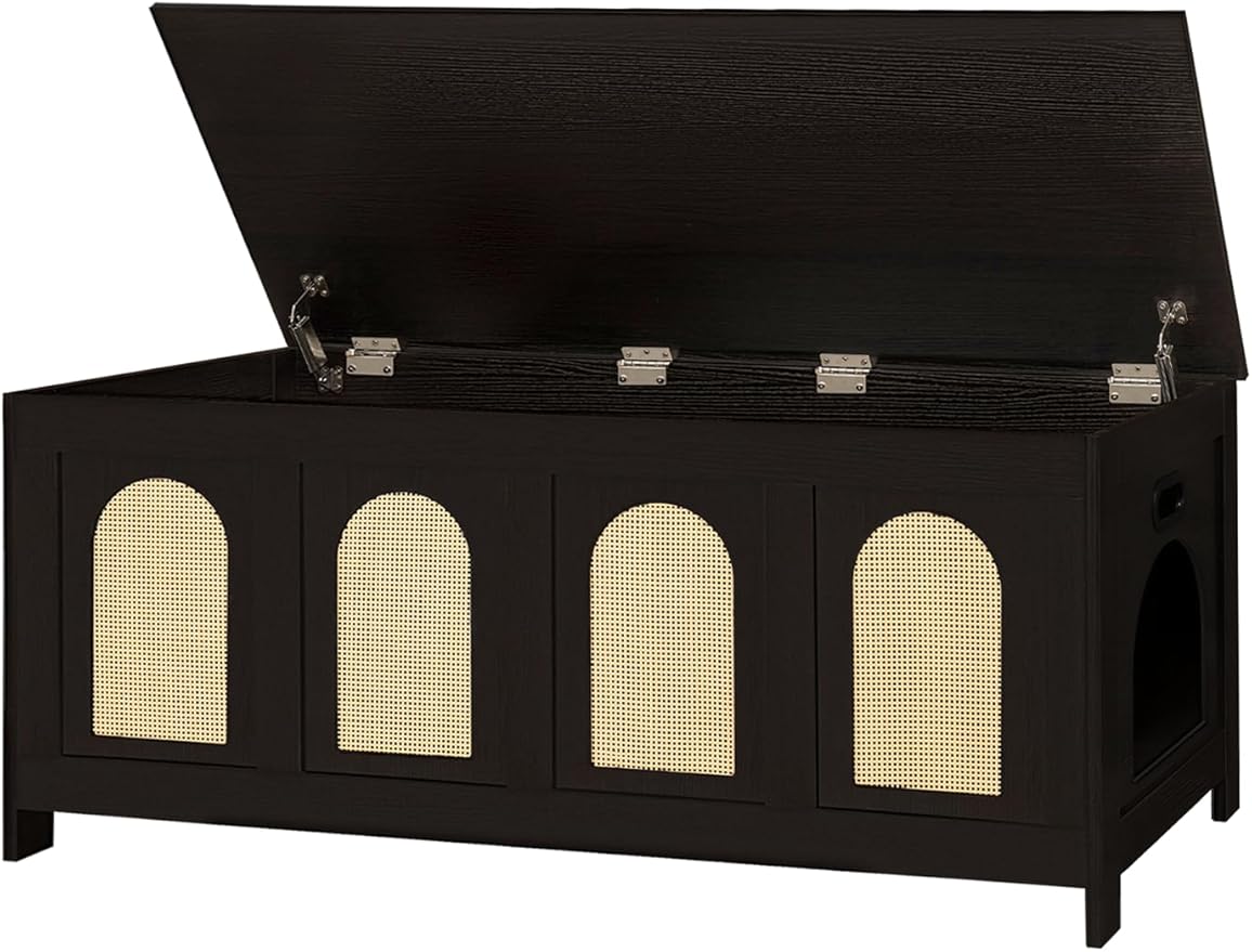 DINZI LVJ Cat Litter Box Enclosure, Flip Top Litter Box Furniture, Rattan-Like Hidden Cat Washroom, Wooden Pet House, End Side Table, 47.2"L x 18.7"W x 19.7"H, Easy to Assemble, Espresso with Rattan