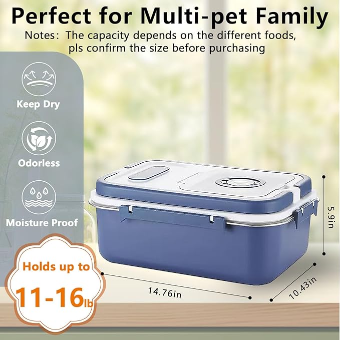 Sanbo Dog Food Storage Container Stainless Steel with Scoop,Airtight Pet Metal Food Storage Bin,Cat Food Canister,Storage Box with Date Tracker for Kitchen (Blue, 7.5L)