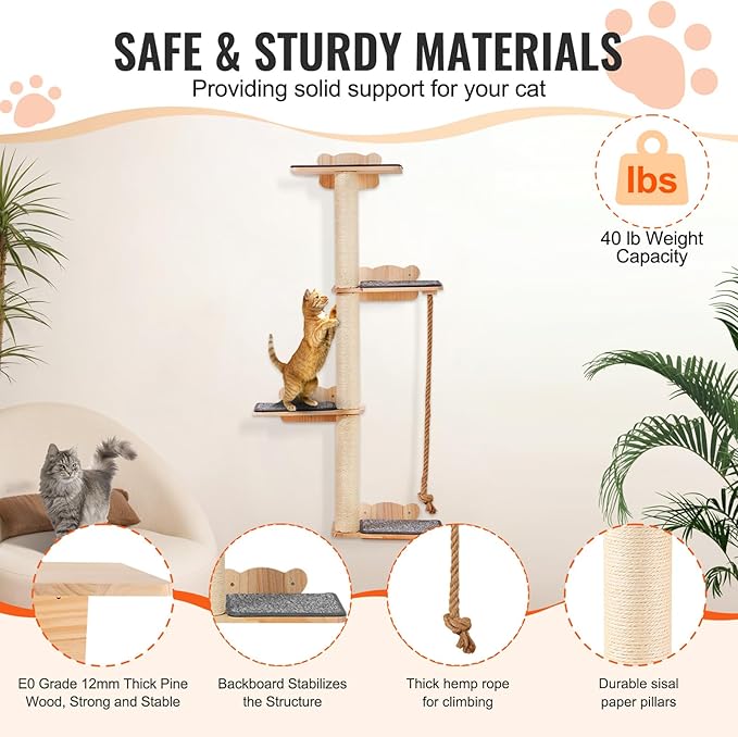VEVOR 4 Tiers Tall Cat Wall Furniture Set with 4 Jumping Boards, Wall-Mounted Cat Floating Shelf up to 40 lbs, 12 mm Pine Wood Perch for Sleeping, Playing, and Climbing