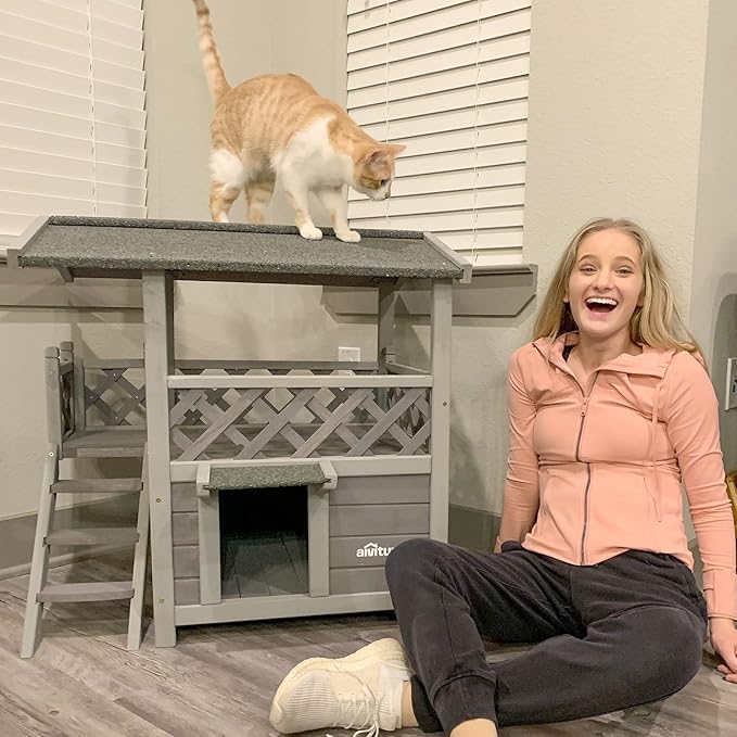 Feral Cat House Outdoor and Indoor Kitty Shelter with Stairs for Cats Insulated, Weatherproof Roof for Winter