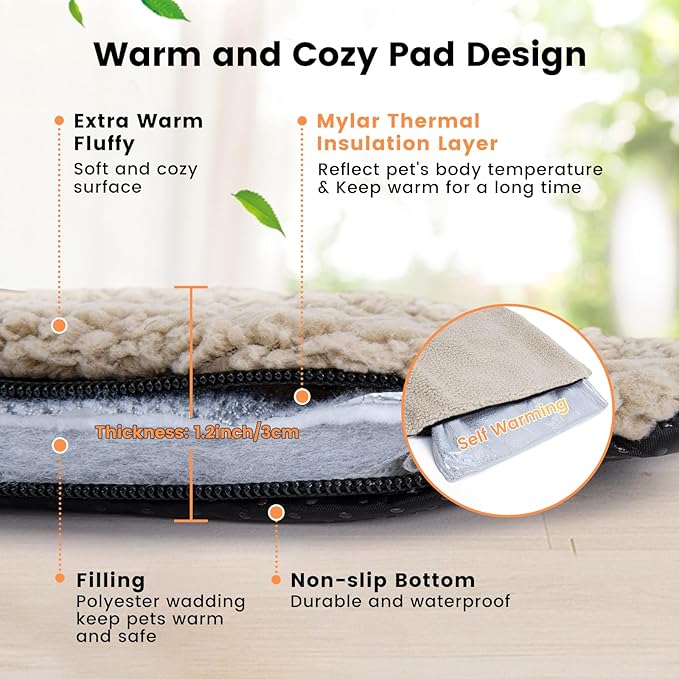 Dog Bed Mat Self Heating Pad for Medium Large Dogs, Dog House Bed Crate Pad for Sleeping Self Warming Pet Bed Puppy Blanket with Removable Washable Cover, Brown 42 Inches