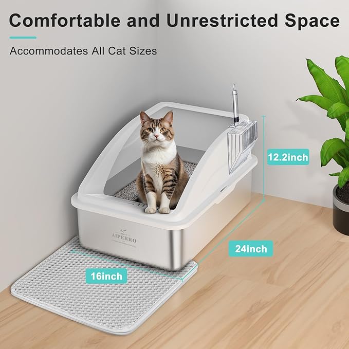 Stainless Steel Litter Box | XL Enclosed Cat Litter Boxs with Lid for Big Cats | High Sided, Anti-Urine Leakage | Non-Stick Bottom & Includes Litter Mat & Metal Scoop