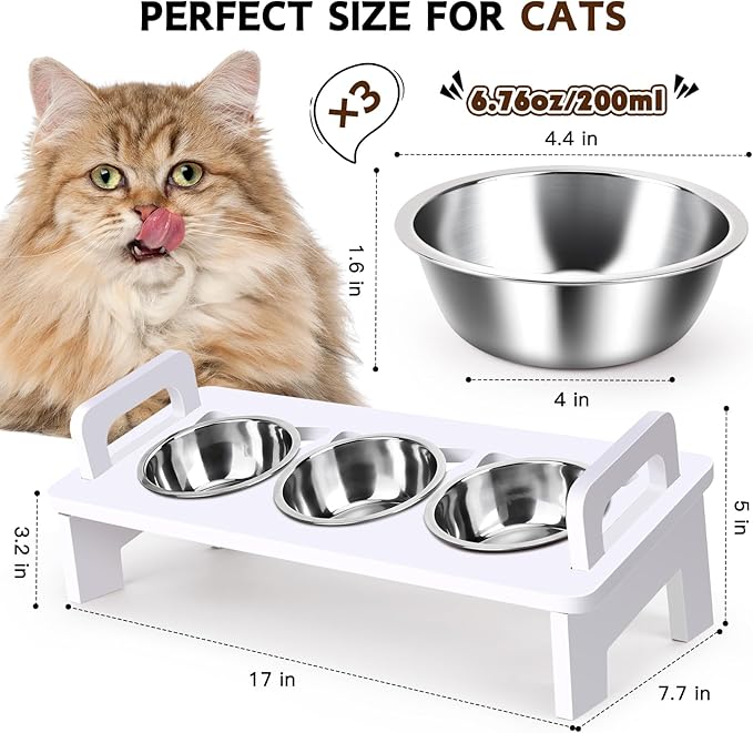 Elevated Cat Food Bowl, 3 Stainless Steel Raised Cat Bowls with Stand, 15°Tilted Cats Bowl for Indoor Cats, Pet Food and Water Bowl Set, Anti Vomitting, Whisker Fatigue and Dishwasher Safe - White
