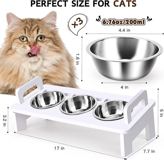Elevated Cat Food Bowl, 3 Stainless Steel Raised Cat Bowls with Stand, 15°Tilted Cats Bowl for Indoor Cats, Pet Food and Water Bowl Set, Anti Vomitting, Whisker Fatigue and Dishwasher Safe - White