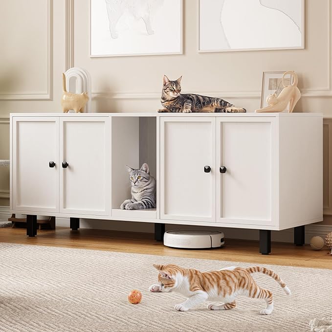 59 Inches Cat Litter Box Enclosure for 2 Cats, Hidden Litter Boxes Furniture with Cat Scratch Pad, Large Indoor Pet House with Double Room, Wooden TV Stand Side Table, Off White