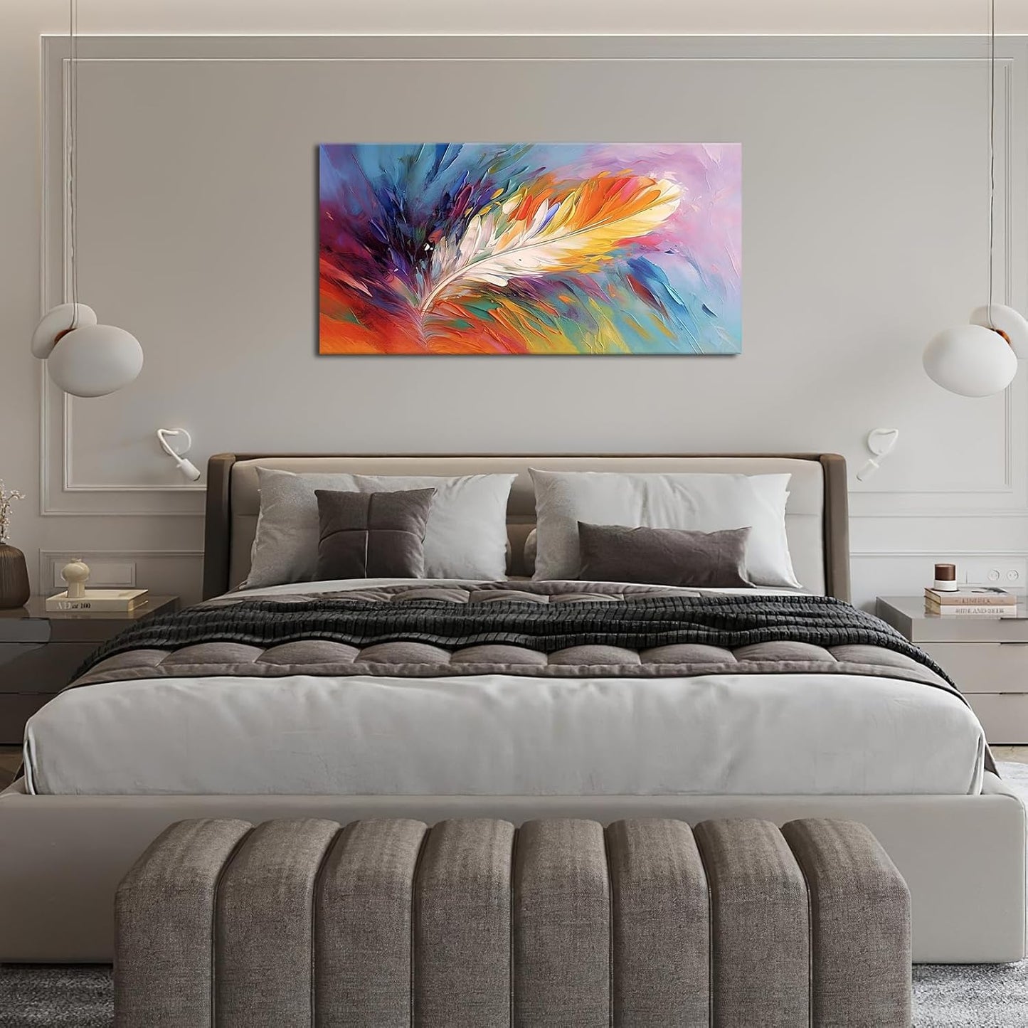Large Abstract Wall Art for Living Room Abstract Colorful Feather Big Space Size Feather Scenery Landscape Framed Canvas Prints Pictures Painting Artwork Office Bedroom Home Decor 30"x60"