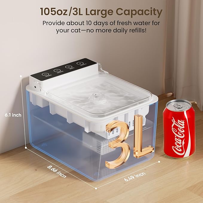 Cat Water Fountain with Dust Cover, 102 oz/3L Automatic Cat Water Dispenser Bowl with Battery Operated, Cat Fountain Super Silent Pet Water Fountain for Dogs and Cats Indoor(<30dB)