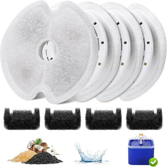 4 Packs Cat Water Fountain Filters for Ultra Silent Cat Fountain 67oz/2L with LED Night Light, Triple Filtration System Activated Carbon Filter with Pre-Filter Sponges for Pet Water Fountain