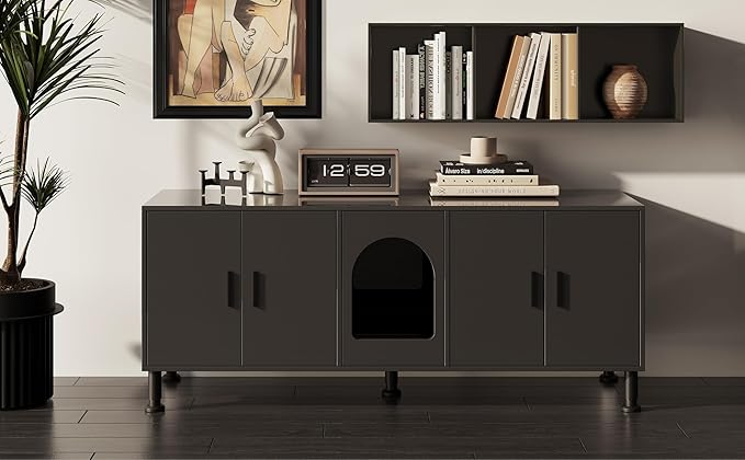 Double Litter Box Enclosure, Litter Box Enclosure for 2 Litter Boxes, Modern Litter Box Furniture for 2 Cats, with Cat Door & Motion Light (Black)