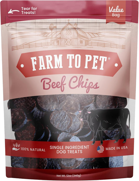Farm To Pet - Dog Training Treats - 12 oz Beef Chips, Single Ingredient, Lean, All Natural, Healthy Dog Treats for Small, Medium, Large Breeds, & Puppies, Made in USA