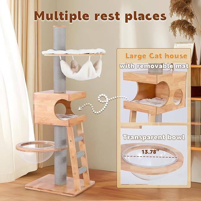 62.6'' Tall Wooden Cat Tree for Indoor Cats,Luxury Cat Tower with Cat Condo,Hammock,Clear Bowl,Thickened Sisal Scratching Post,Climbing Ladder,Heavy Duty Cat Furniture for Small Medium Large Cats